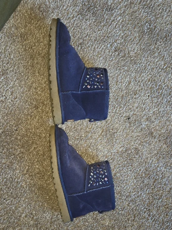 UGG Navy Suede Short Booties with Cutout Gem Cuff - Picture 11 of 12